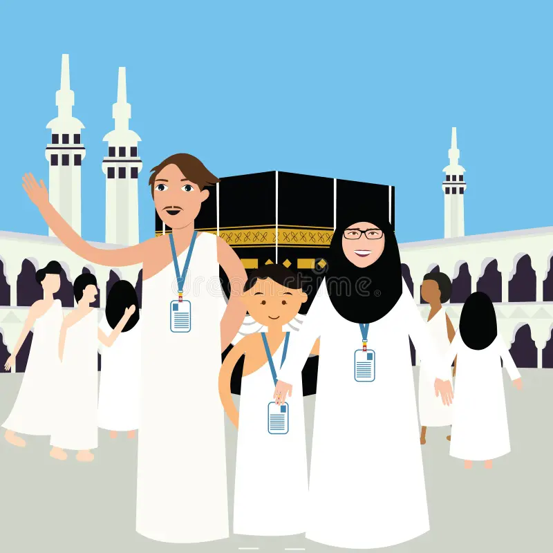 family haj hajj pilgrim man father mother woman kids wearing islam hijab ihram clothes vector illustration mecca ka ba kabba kaba 64163083